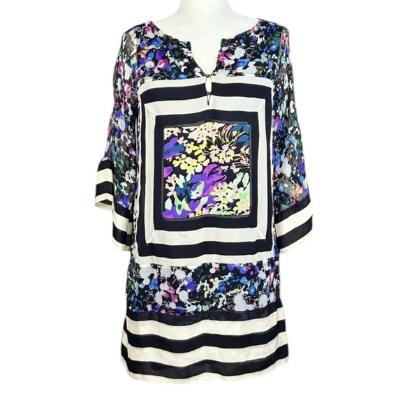 Vintage Diane Furstenberg Silk Dress 0 Floral Geometric Tabalah Bell Sleeve - Picture 1 of 14